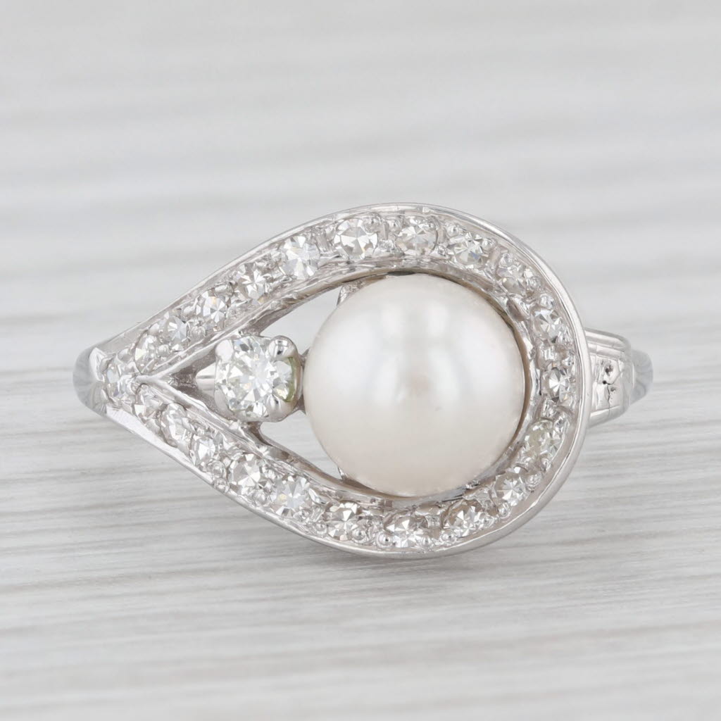 Light Gray Vintage Pearl Diamond 18K White Gold Size 5 Teardrop Ring