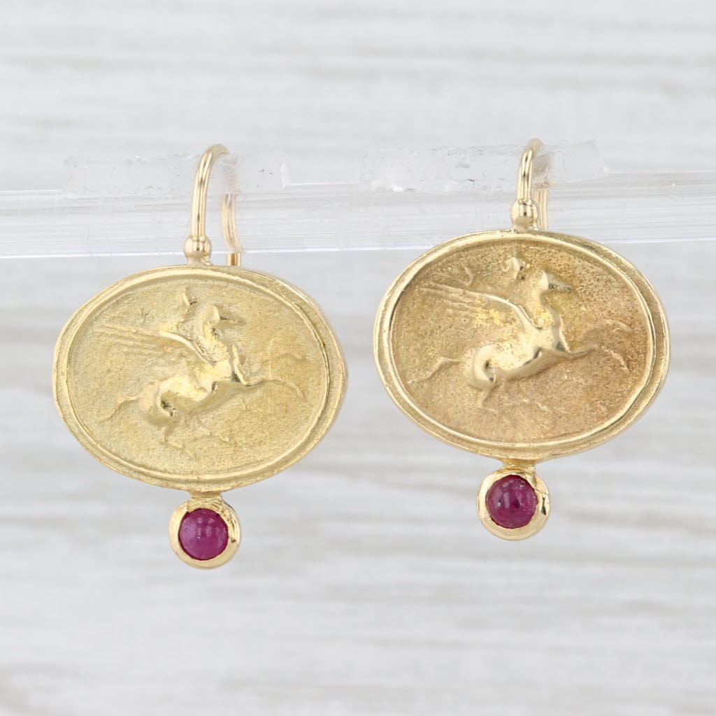 Light Gray Pegasus Ruby Earrings 18k Yellow Gold Lever Back Drops Winged Horse