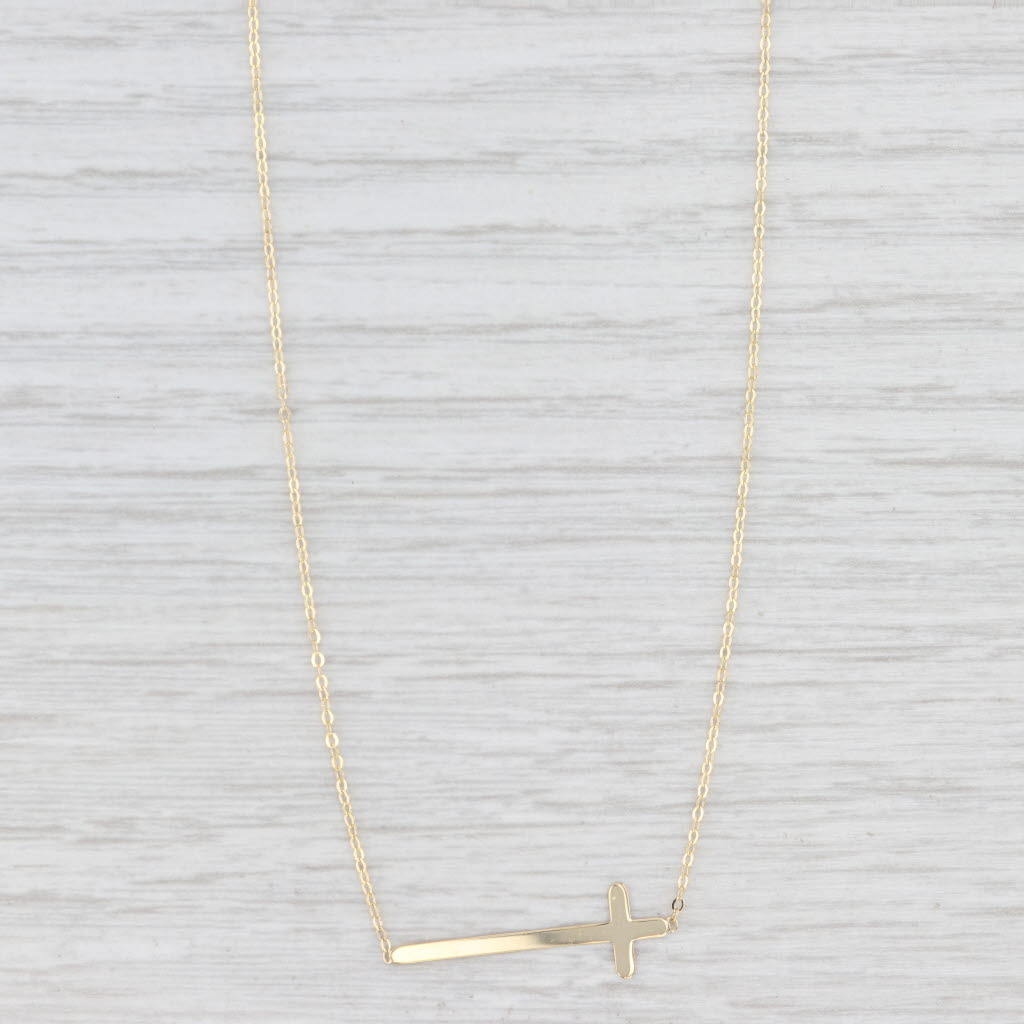 Light Gray New Stationary Cross Pendant Cable Chain Necklace 14k Yellow Gold 18"