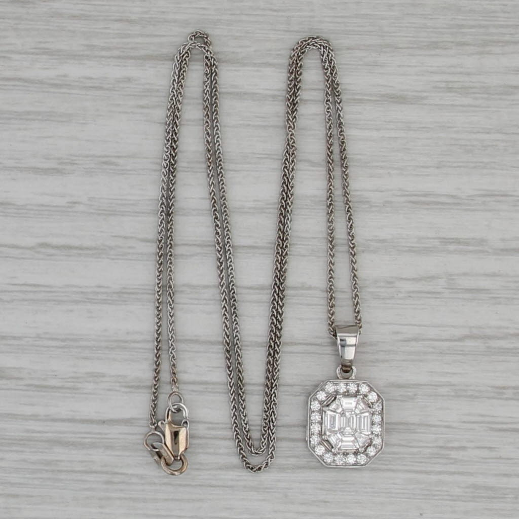 0.80ctw Diamond Halo Pendant Necklace 14k White Gold 18.25" Wheat Chain