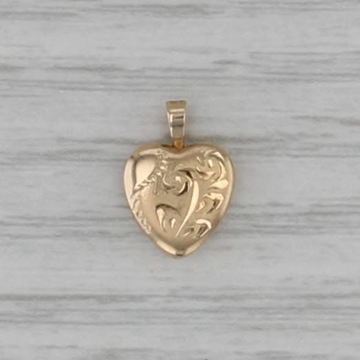 Tiny Floral Engraved Heart Photo Locket Pendant 14k Yellow Gold Charm
