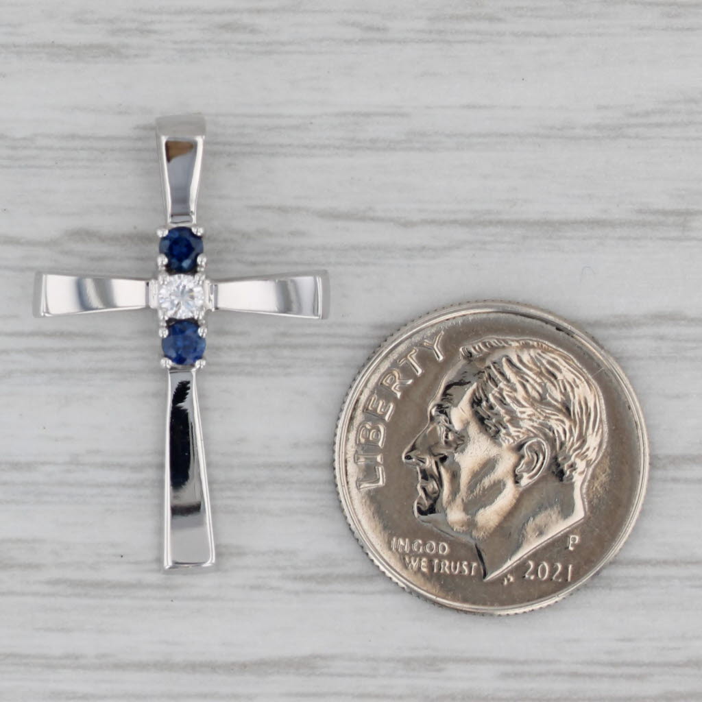 Gray 0.21ctw Blue Sapphire Diamond Cross Pendant 14k White Gold