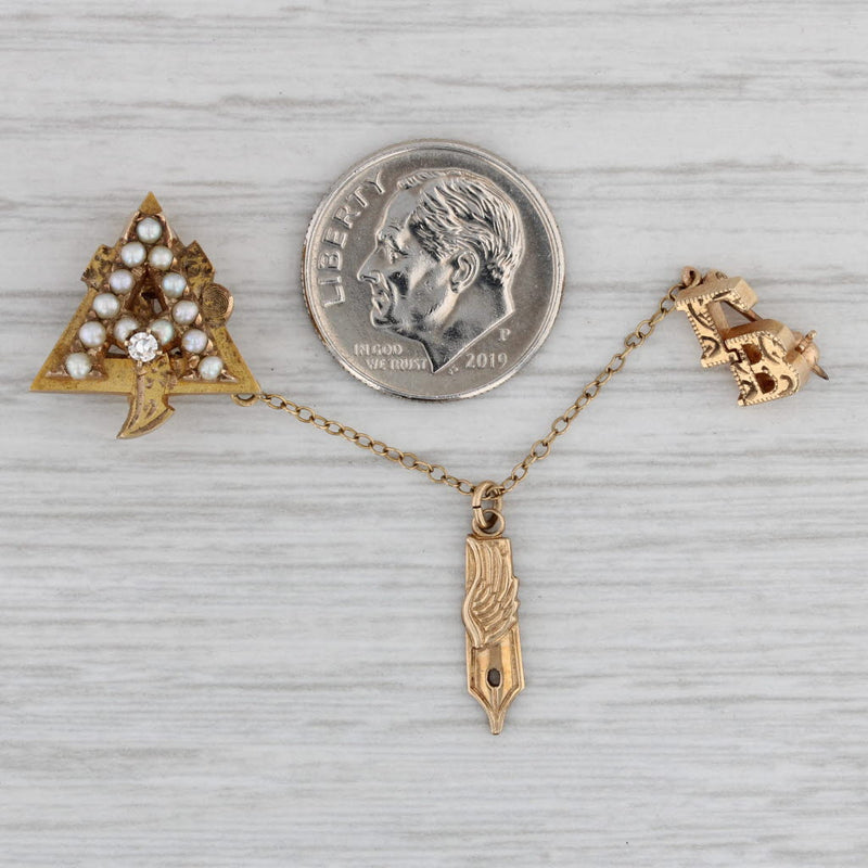 Alpha Gamma Delta Sorority Badge 10k Gold Pearls Diamonds Vintage Pin Guard