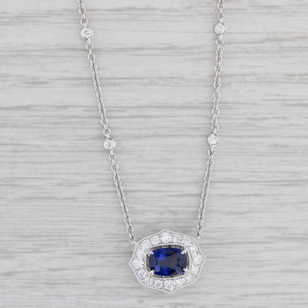 Gray New 1.71ctw Blue Sapphire Diamond Halo Pendant Necklace 18k White Gold 18"