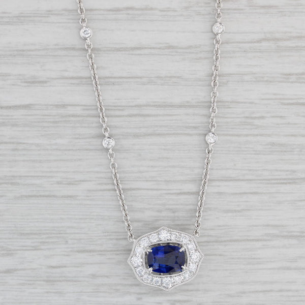 Gray New 1.71ctw Blue Sapphire Diamond Halo Pendant Necklace 18k White Gold 18"