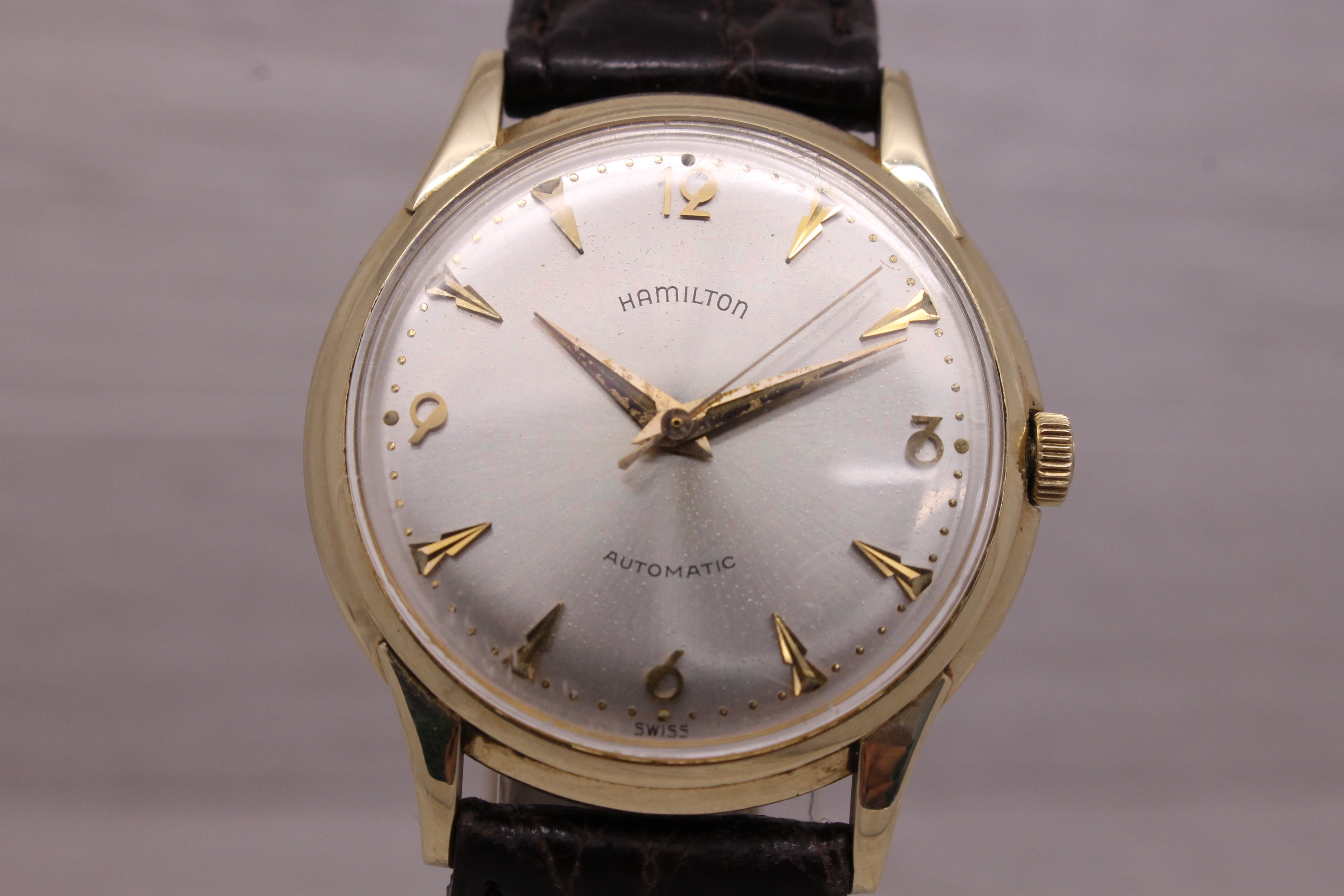 Slate Gray Vintage c.1960 Hamilton 14k Yellow Gold Mens Automatic Watch c.666 Micro Rotor