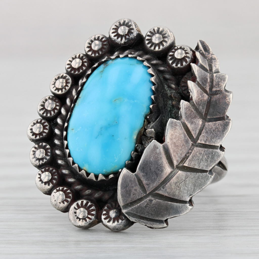 Dark Slate Gray Native American Turquoise Leaf Ring Sterling Silver Size 7.25 Statement