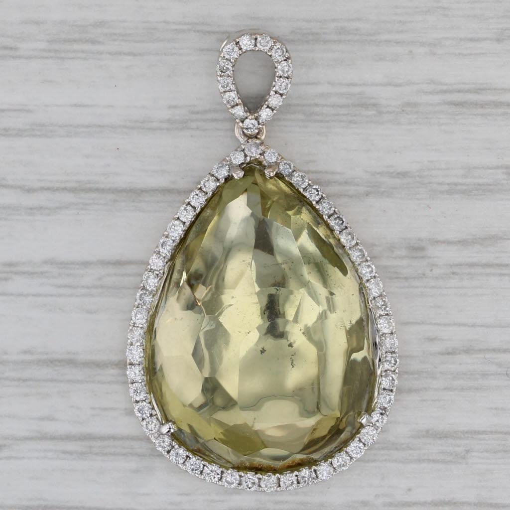 Gray Lemon Quartz Diamond Halo Pendant 18k White Gold Teardrop