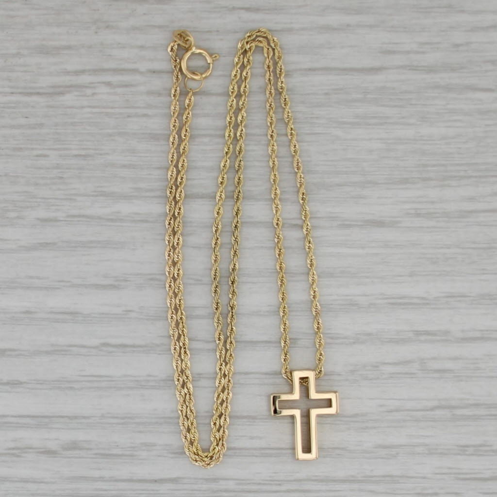 Small Cross Pendant Necklace 14k Yellow Gold Rope Chain 18"