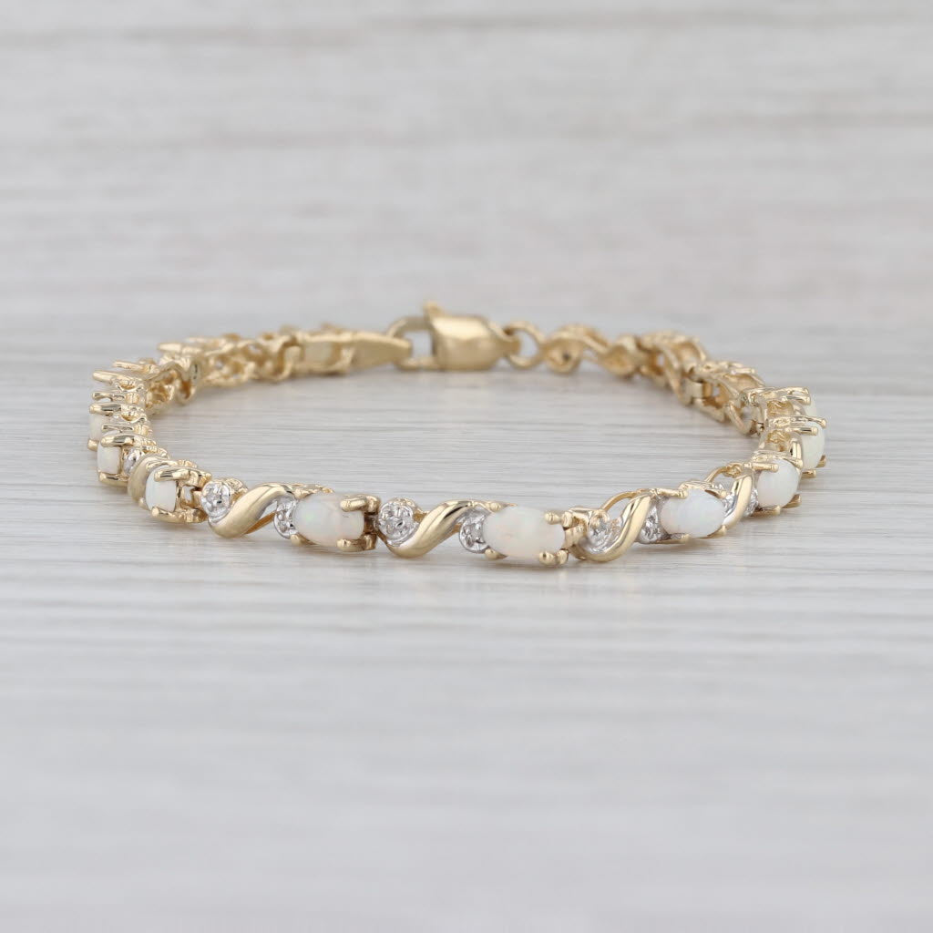 Opal Diamond Tennis Bracelet 10k Yellow Gold 7" 3.7mm