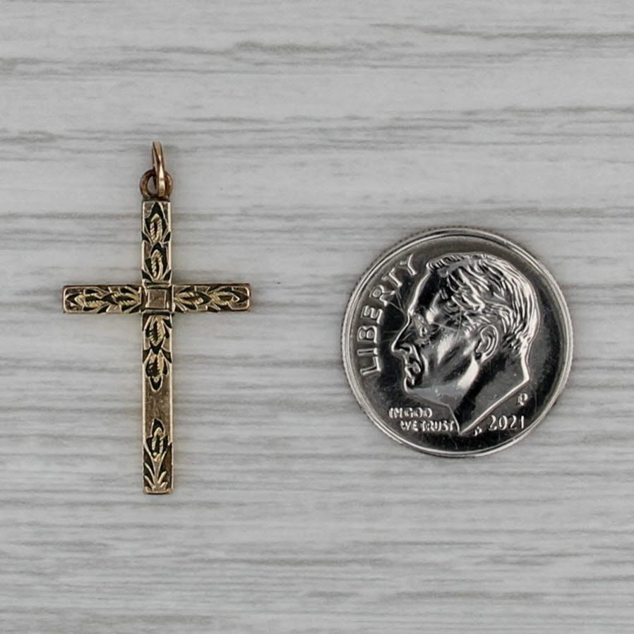 Vintage Floral Reversible Cross Pendant Yellow Gold Filled Ornate Estate Charm