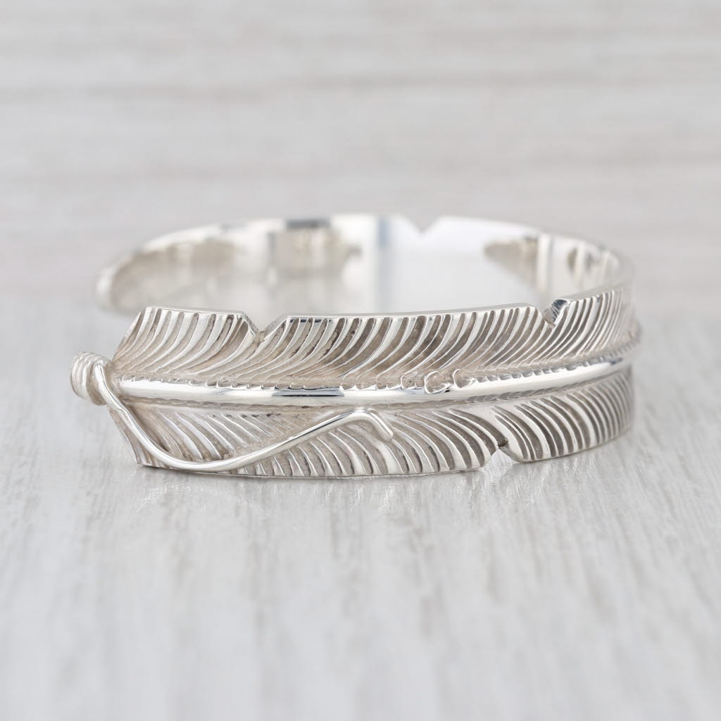 Feather Cuff Bracelet Sterling Silver Signed CC Southwestern Statement 6.75"