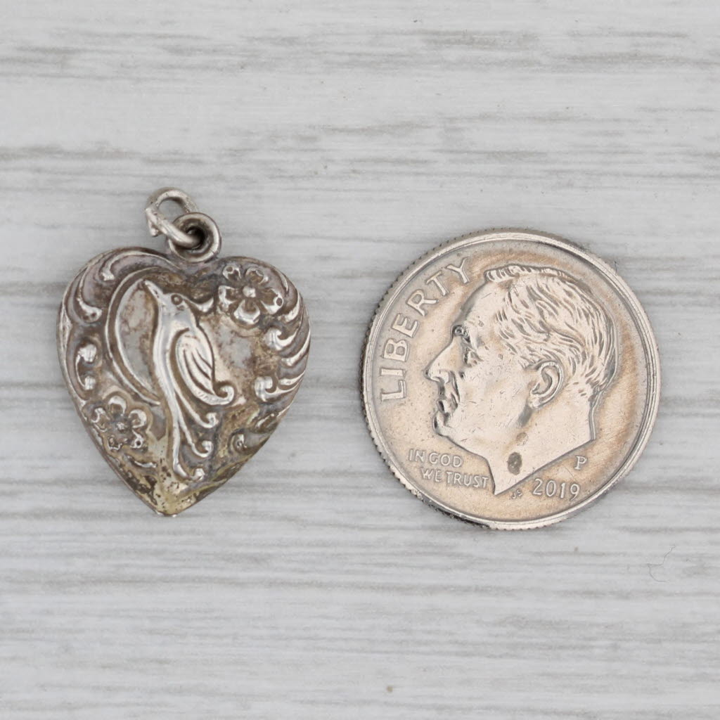 Gray Vintage Puffy Heart Bird Charm Sterling Silver Ornate Pendant