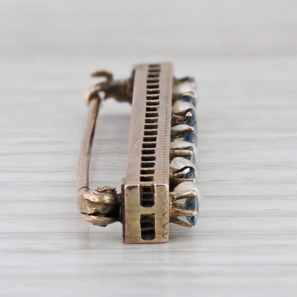 0.56ctw Blue Sapphire Seed Pearl Bar Pin 10k Yellow Gold Vintage Brooch