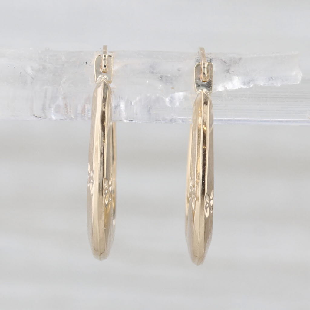 Floral Etched Hoop Earrings 10k Yellow Gold Snap Top Posts Round Hoops