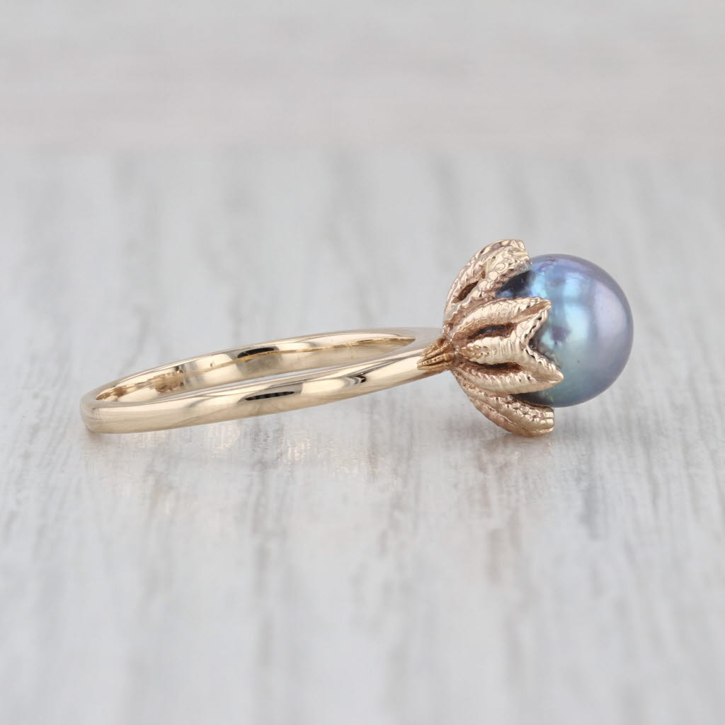 Cultured Saltwater Black Pearl Solitaire Ring 14k Yellow Gold Size 7.5