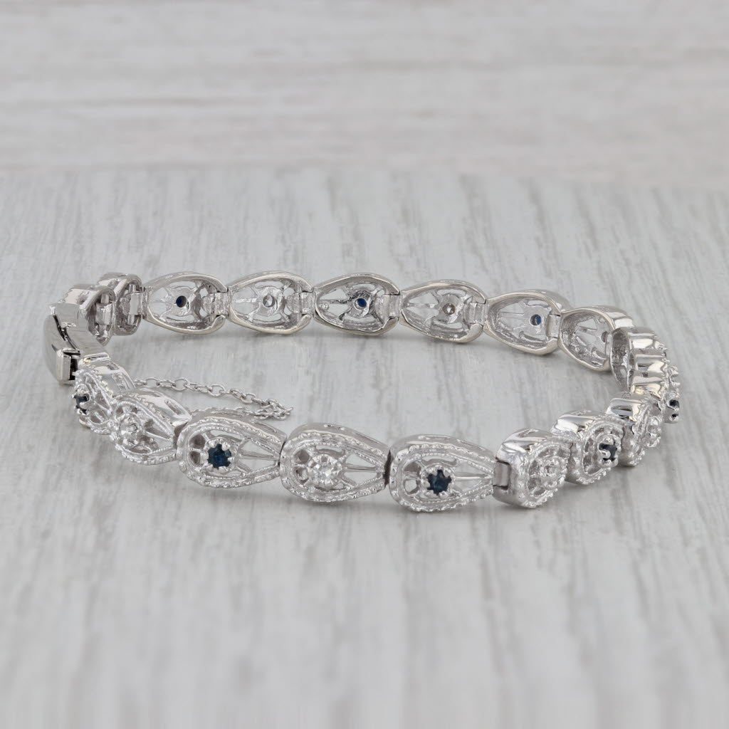 Gray 0.40ctw Blue Sapphire White Diamond Tennis Bracelet 14k White Gold 7"