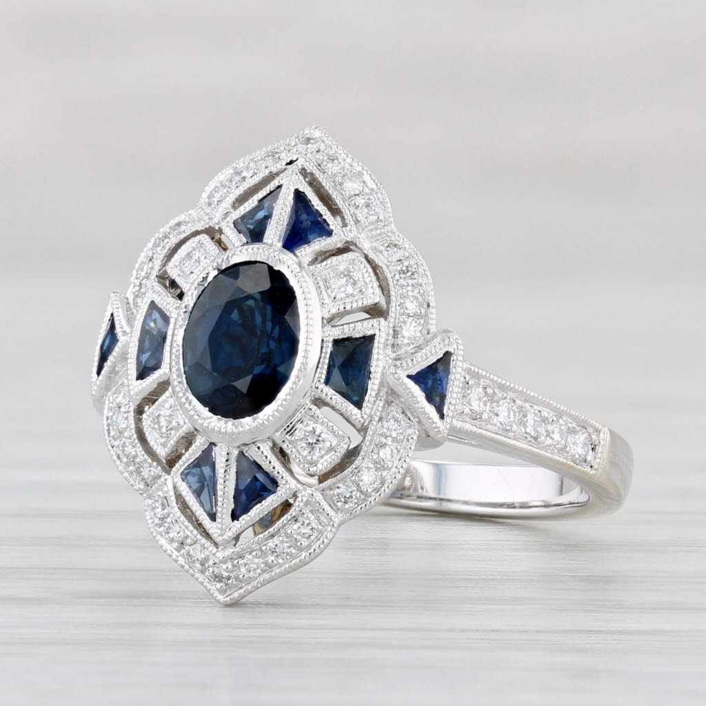 Light Gray New Beverley K 1.45ctw Blue Sapphire Diamond Halo Ring 18k White Gold Size 6.5