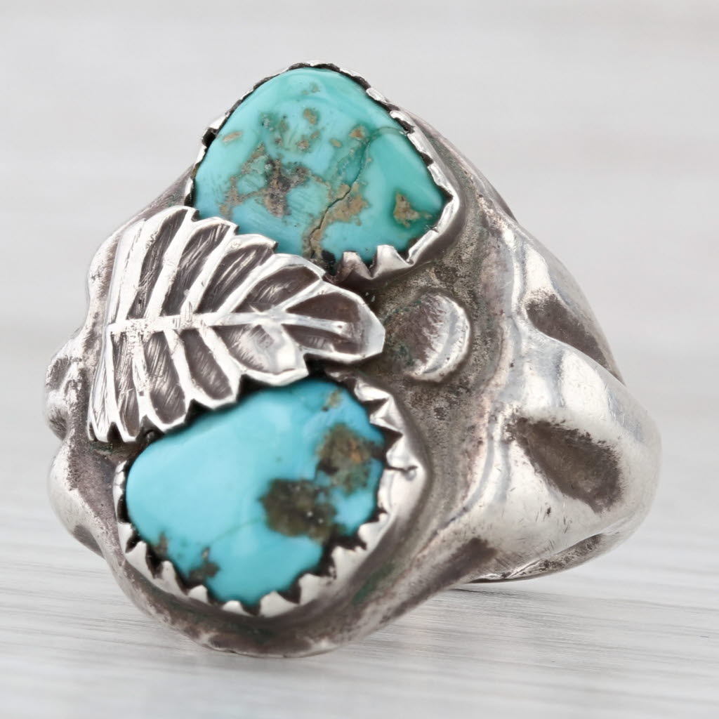 Vintage Native American Turquoise Cabochon Leaf Ring Sterling Silver Size 10