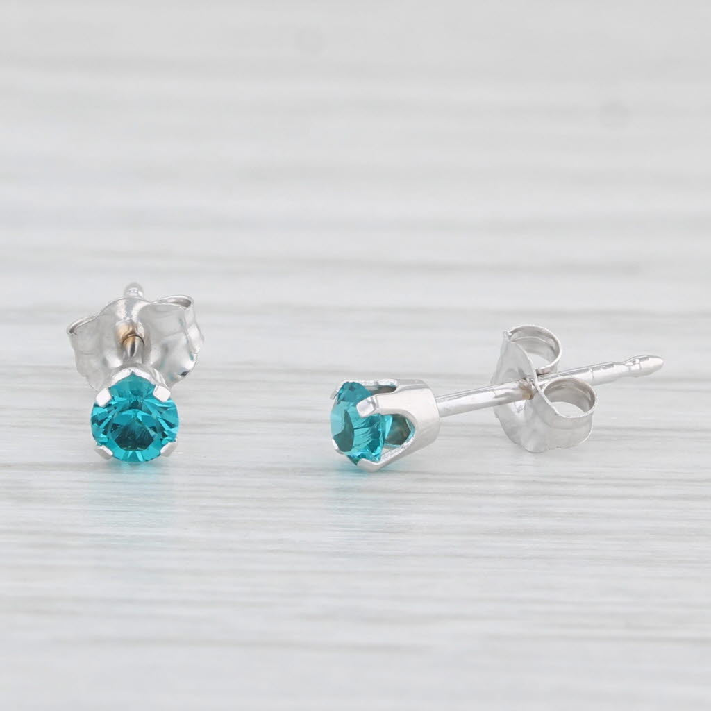 Light Gray Turquoise Blue Glass Stud Earrings 14k White Gold Round Solitaire Studs