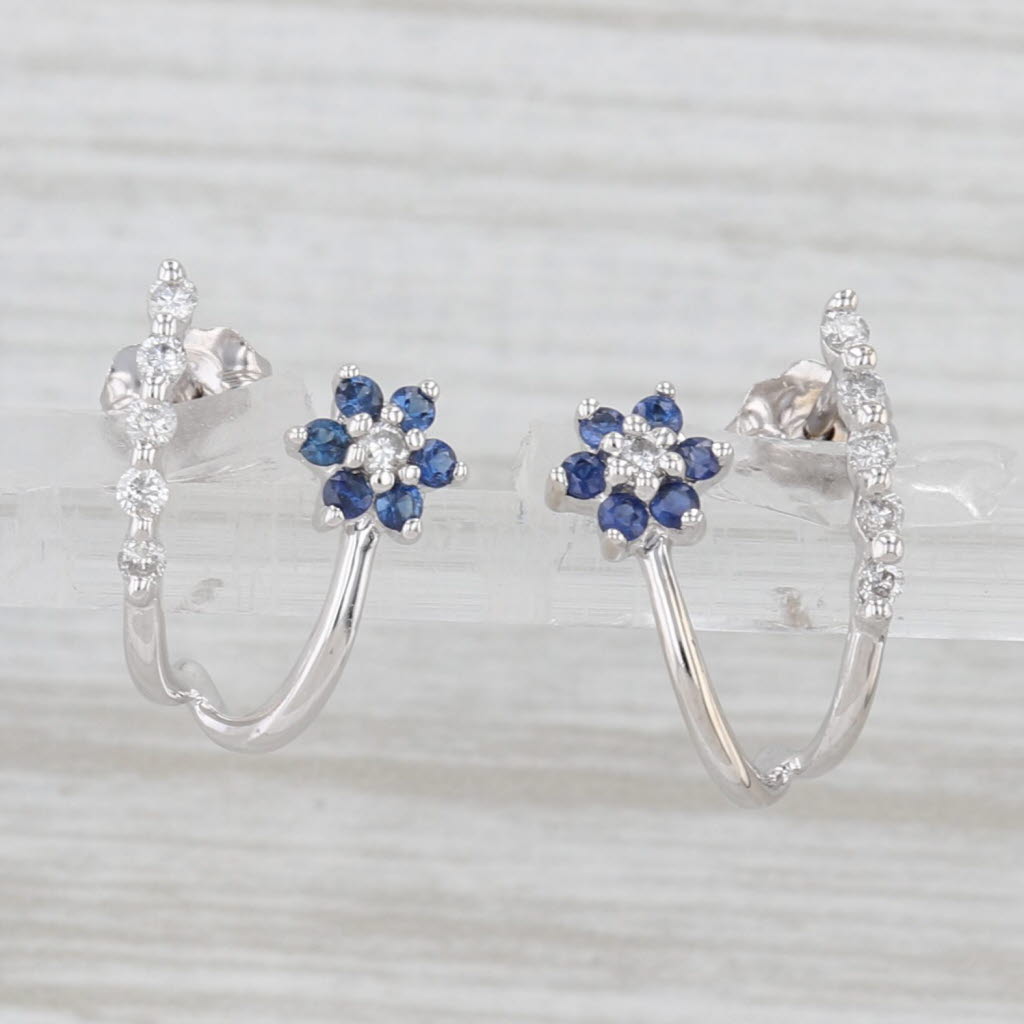 Light Gray 0.30ctw Blue Sapphire Diamond Flower Wishbone Earrings 14k White Gold