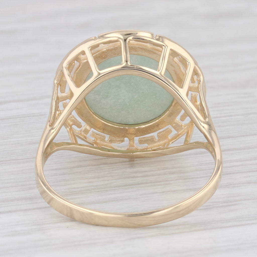 Light Gray Jadeite Jade Cabochon Solitaire Ring 14k Yellow Gold Size 8.25 Greek Key Frame