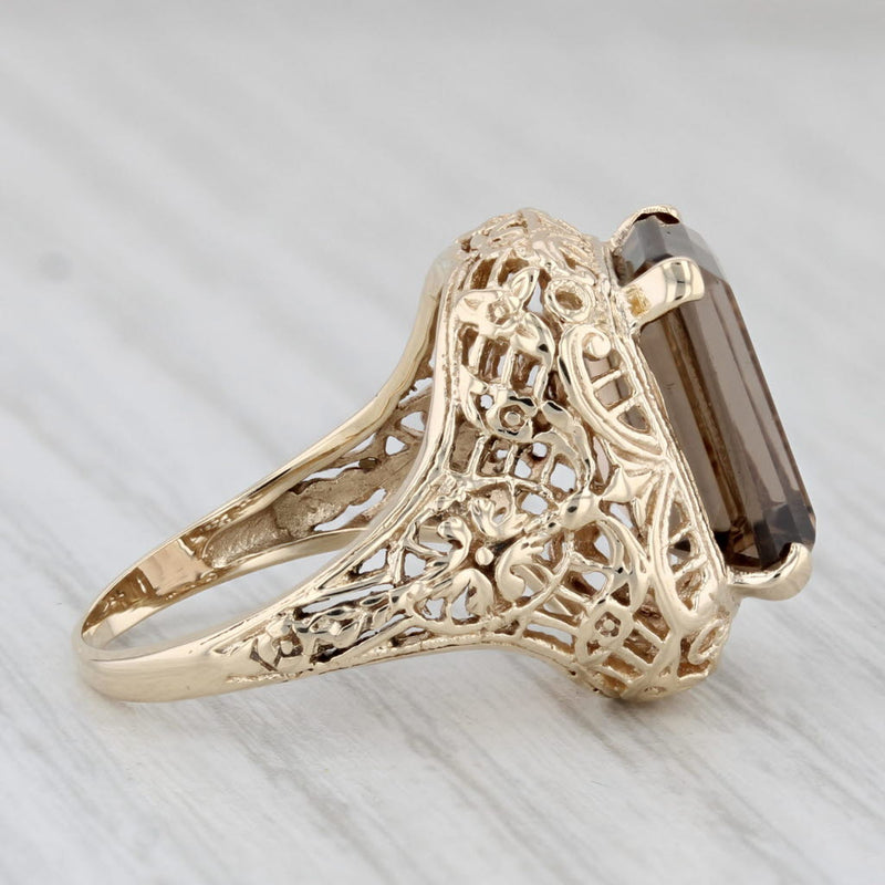 5.40ct Smoky Quartz Solitaire Ring 10k Yellow Gold Size 4.75 Floral Filigree