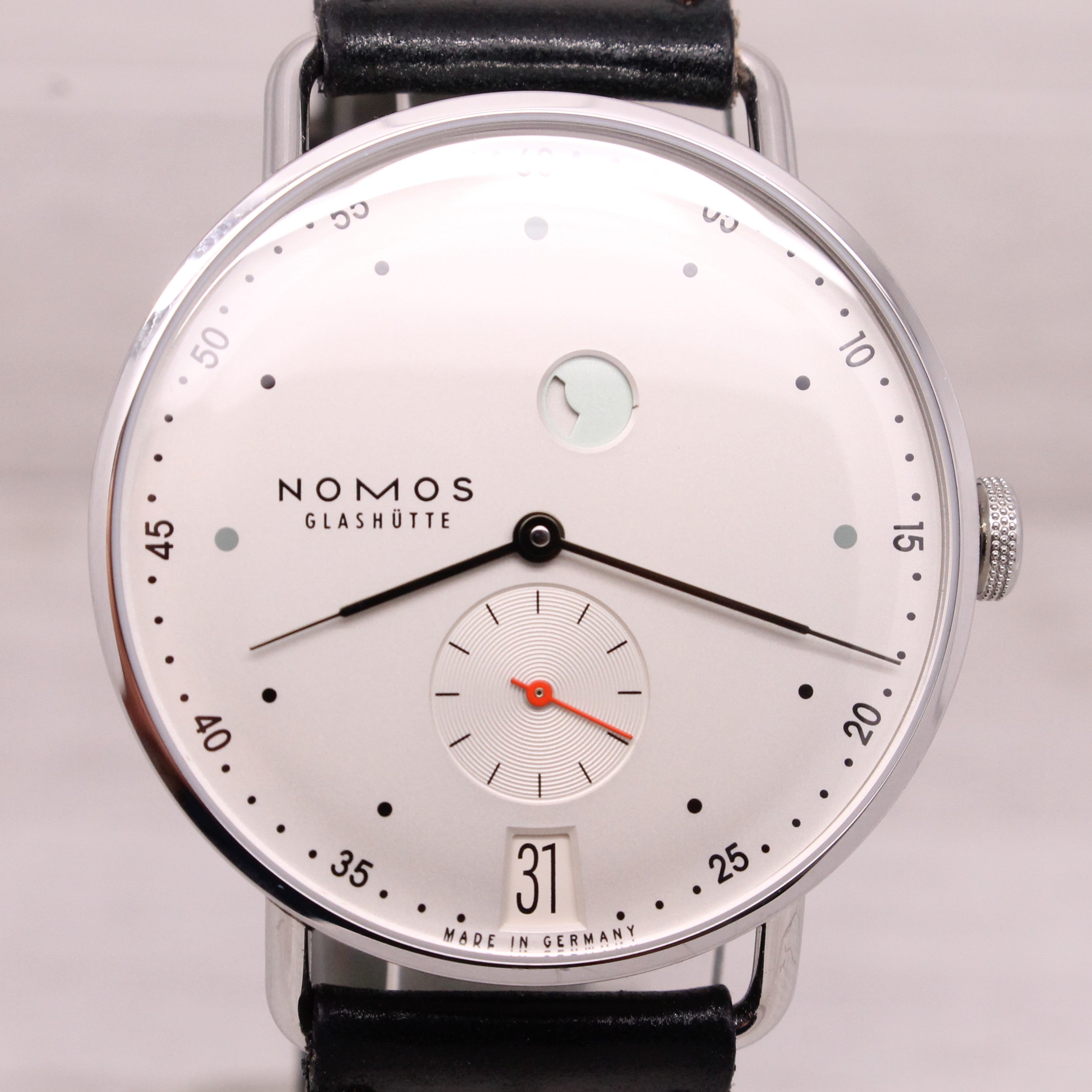 Light Gray Nomos Glashutte Metro Power Reserve Mens 37mm Steel Manual Watch w/ Strap