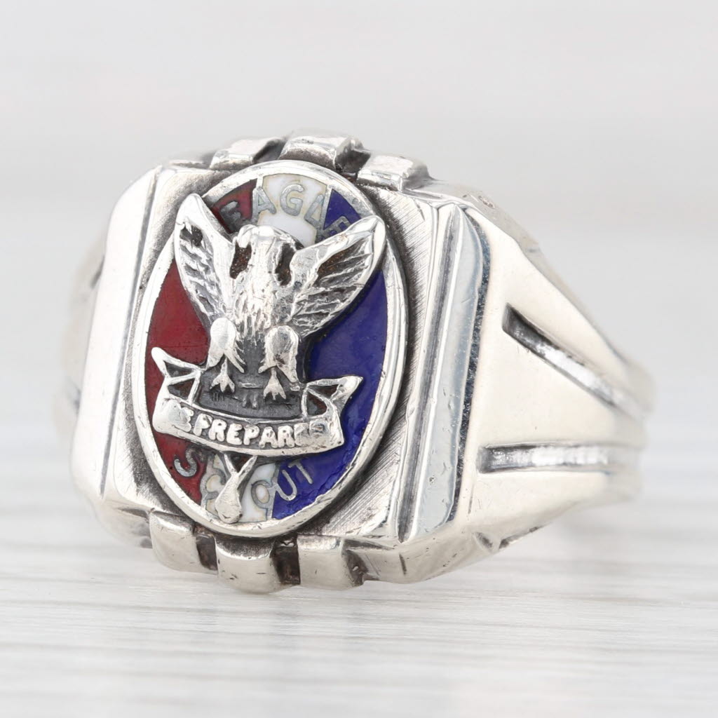 Light Gray Vintage Eagle Scout Ring Sterling Silver Boy Scouts Be Prepared Signet Size 10