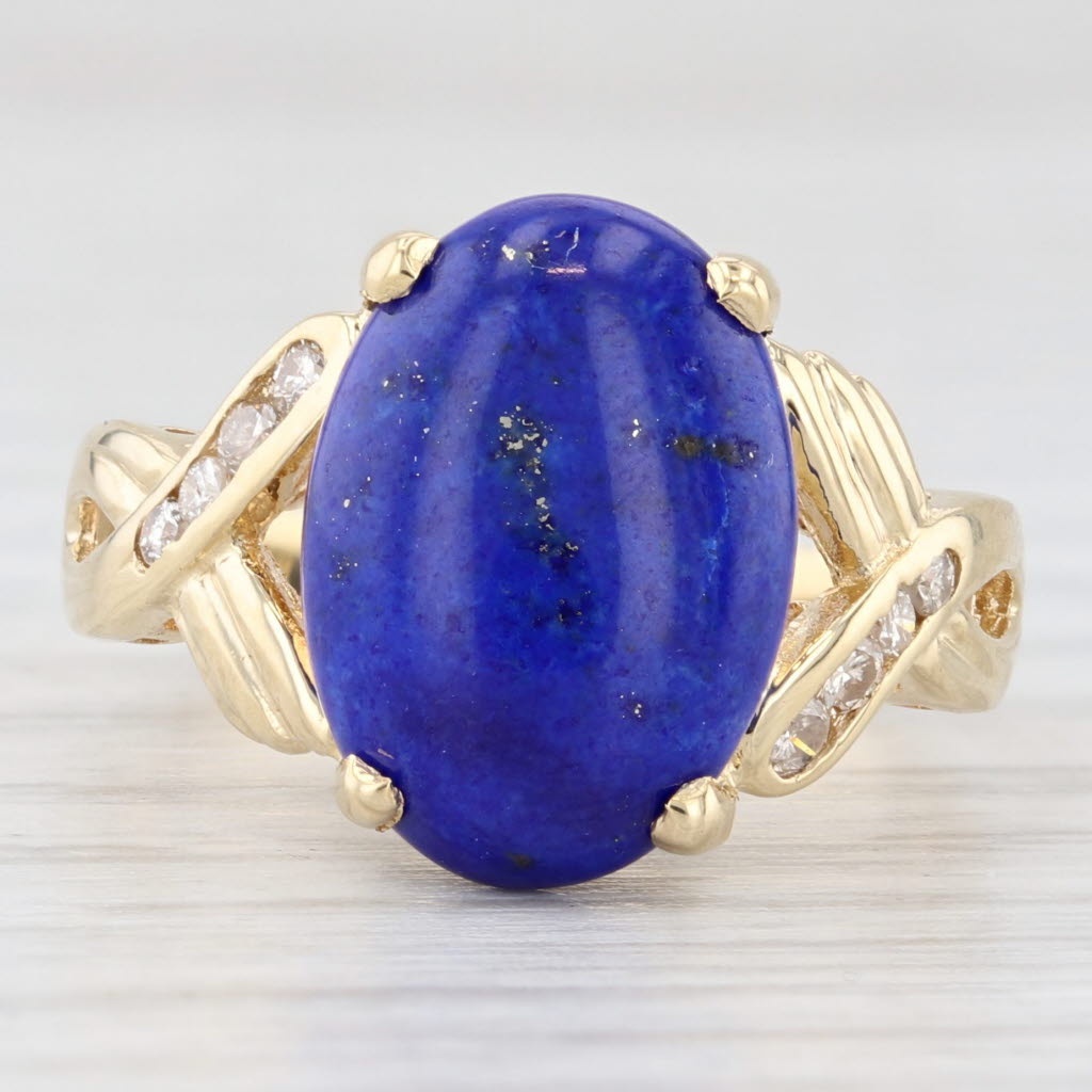 Light Gray Lapis Lazuli Diamond Ring 18k Yellow Gold Size 6.5 Oval Cabochons