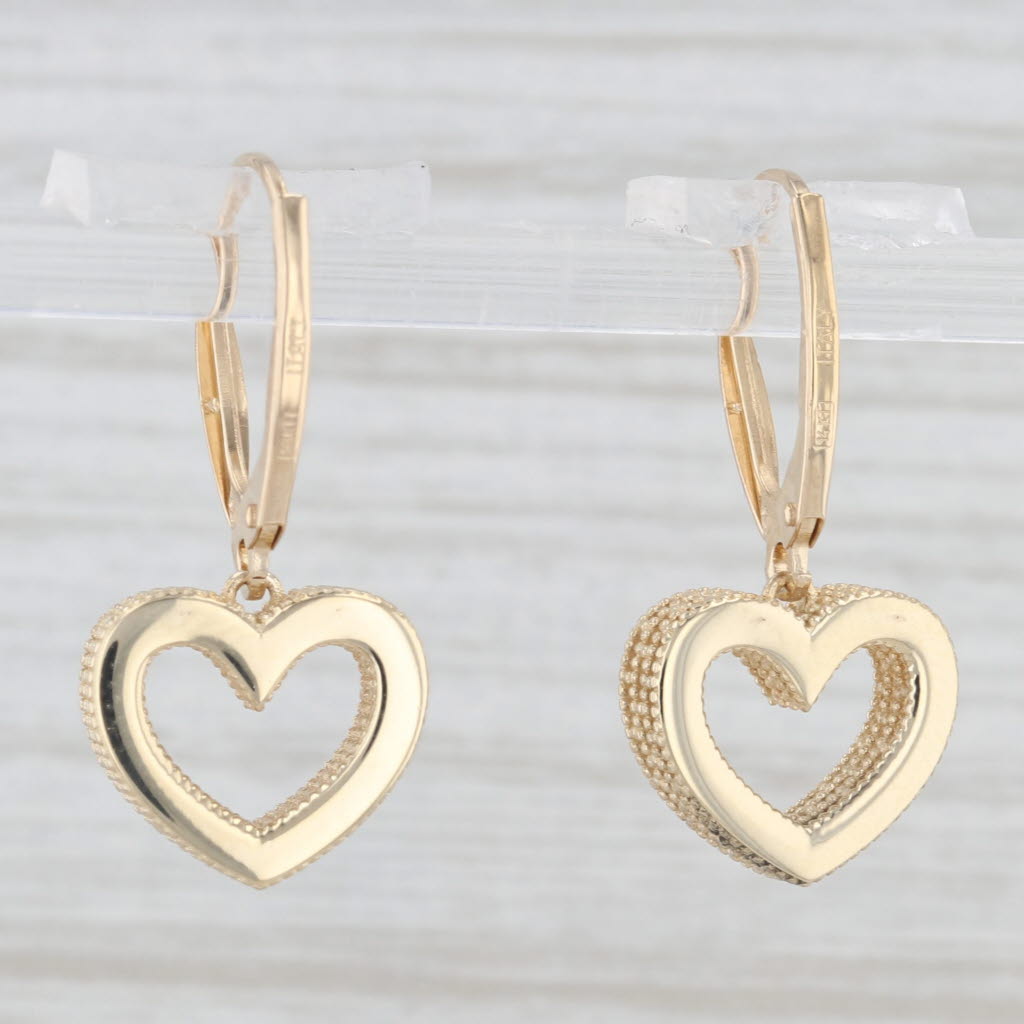 Light Gray Open Heart Dangle Earrings 14k Yellow Gold Lever Back Drops