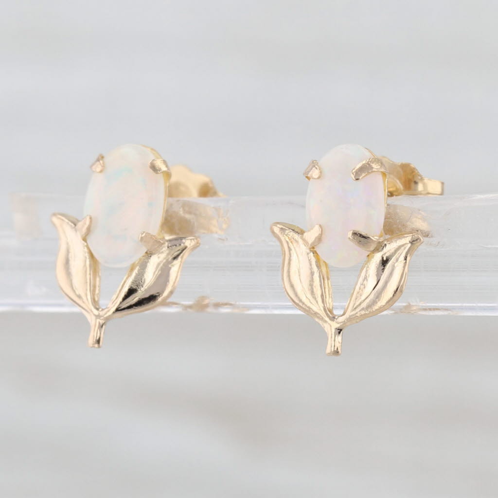 Oval Cabochon Opal Flower Stud Earrings 14k Yellow Gold Solitaire Studs
