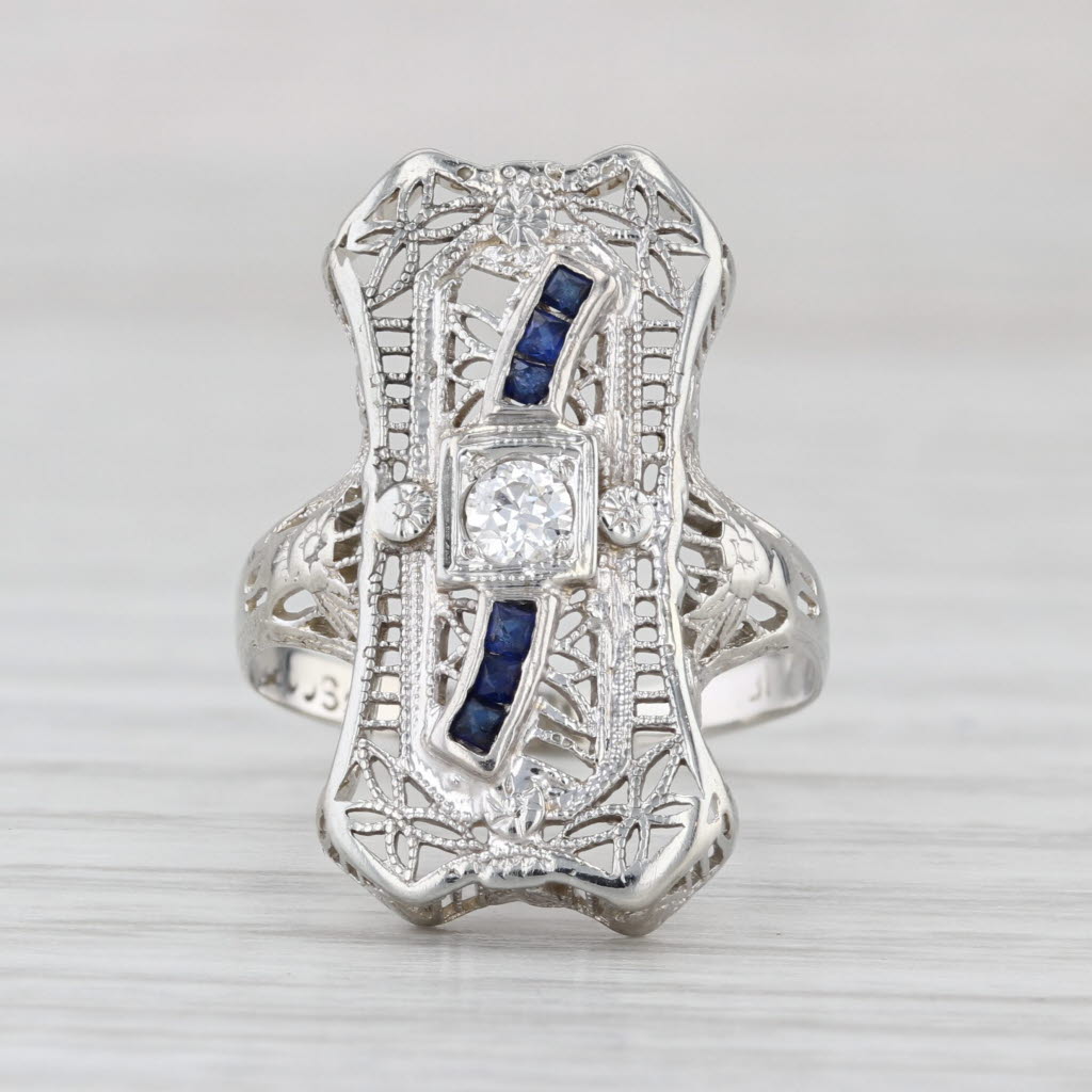 Art Deco Diamond Lab Created Sapphire Filigree Ring 18k White Gold Size 5.75