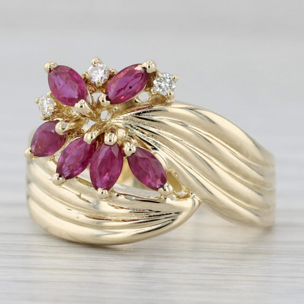 Gray 0.65ctw Ruby Diamond Flower Bypass Ring 14k Yellow Gold Size 6.5