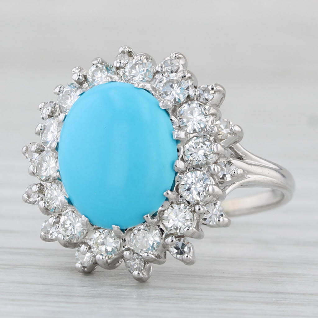 Light Gray 1.33ctw Diamond Halo Turquoise Cabochon Ring 14k White Gold Size 5.75