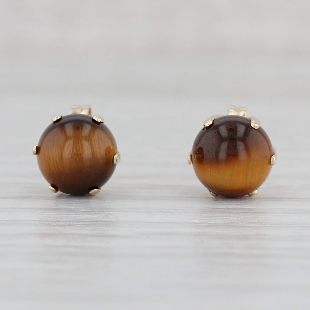 Light Gray Vintage Tiger's Eye Stud Earrings 14k Yellow Gold Brown Round Cabochons