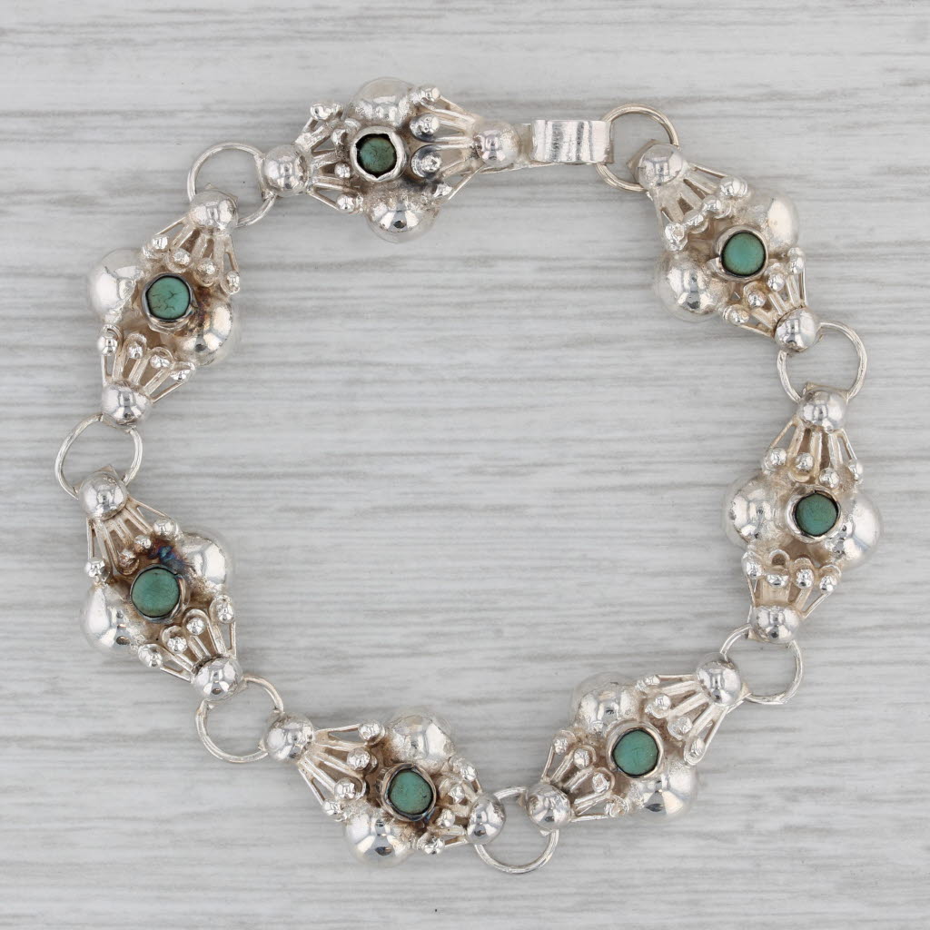 Gray Green Glass Silver Link Bracelet Mexico Vintage 6.25" Hook Clasp