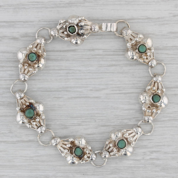 Green Glass Silver Link Bracelet Mexico Vintage 6.25" Hook Clasp