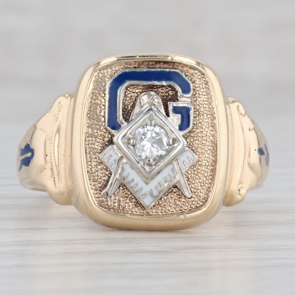 Gray Diamond Masonic Signet Ring 10k Yellow Gold Enamel Blue Lodge Insignia Size 9.25