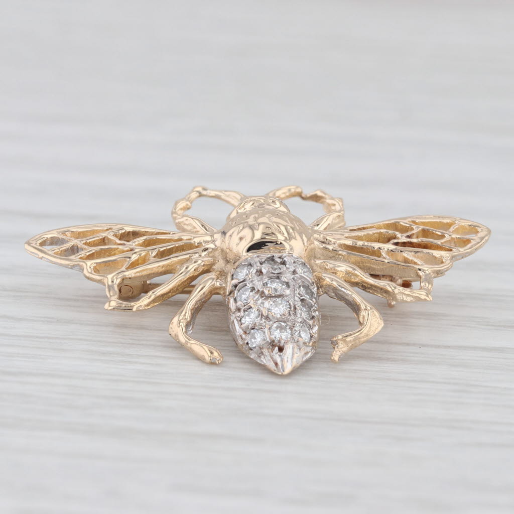 Light Gray 0.30ctw Diamond Bee Pin 14k Yellow White Gold Insect Brooch