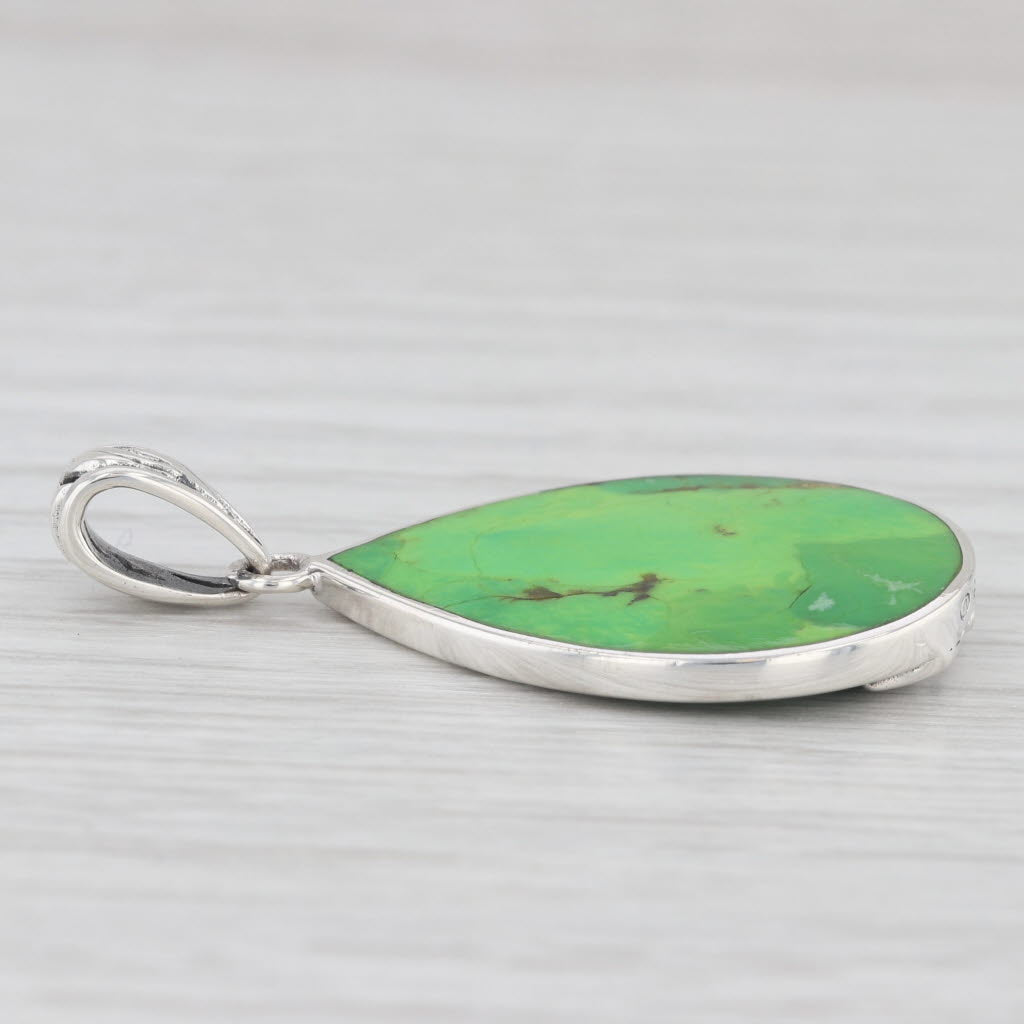 Light Gray Floral Green Turquoise Teardrop Pendant Sterling Silver