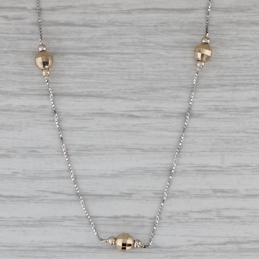 Gray Disco Ball Bead Station Necklace 14k White Yellow Gold 18" Box Chain