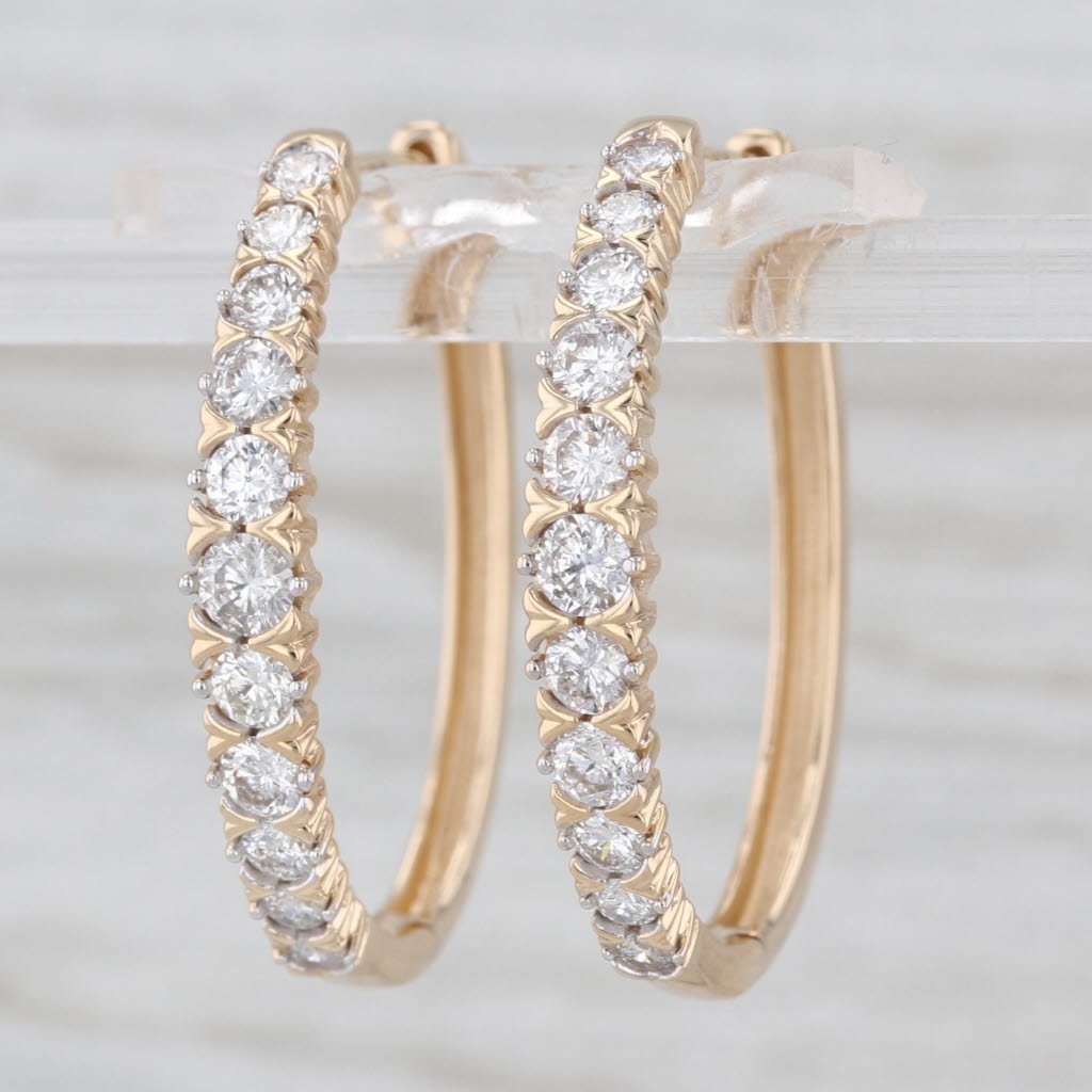 1.40ctw Diamond Oval Hoop Earrings 14k Yellow Gold Hinged with Snap Top