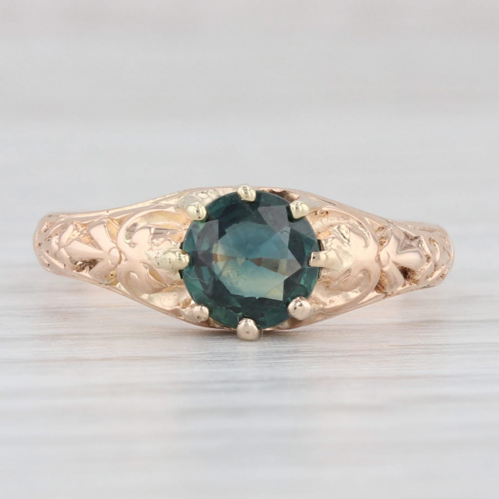 Light Gray Antique Teal Sapphire Solitaire Ring 18k Yellow Gold Size 6.75 Floral Engagement