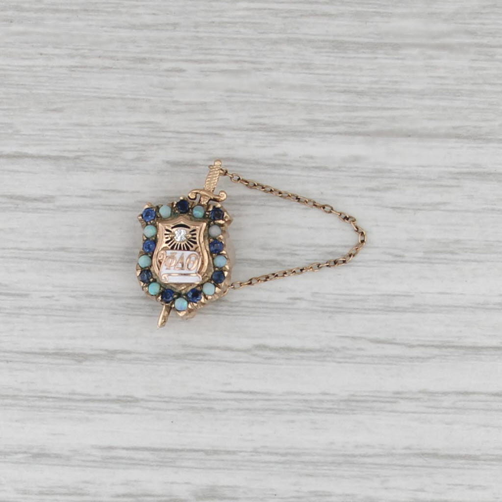 Phi Delta Theta Badge 14k Gold Sapphire Opal Diamond Shield Sword Fraternity Pin