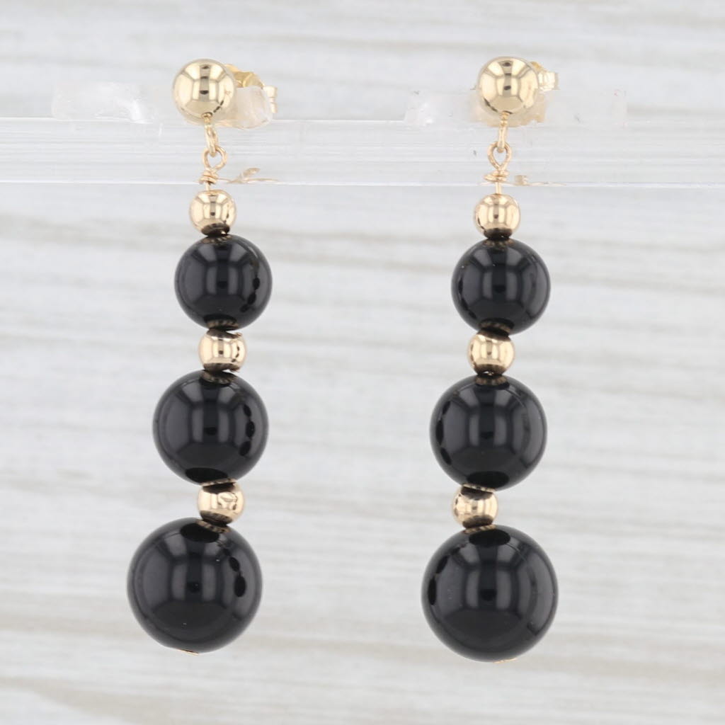 Light Gray Onyx Bead Dangle Earrings 14k Yellow Gold Pierced 3-Stone Drops