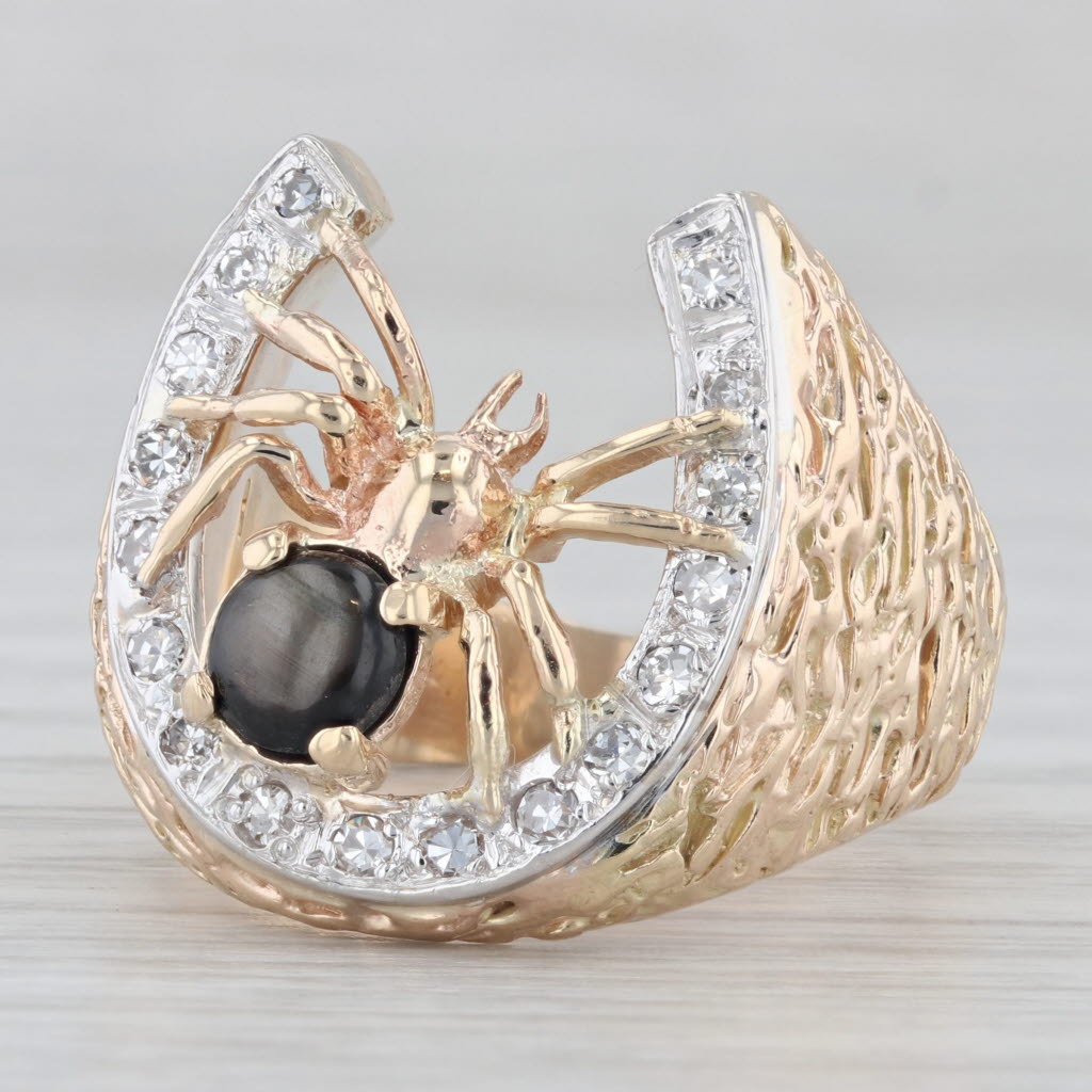 Gray Spider Horseshoe Ring 14k Hammered Gold Diamond Black Star Sapphire Size 8.25