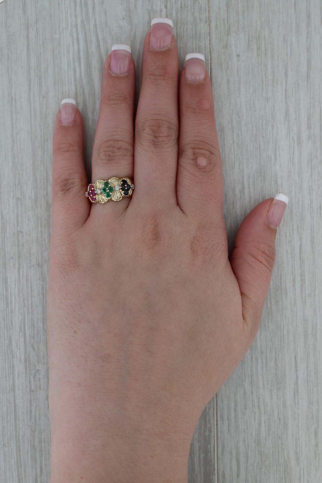 0.94ctw Ruby Emerald Sapphire Diamond Flower Ring 14k Yellow Gold Size 8.25