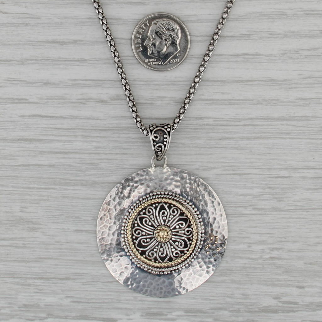 Hammered Flower Pendant Necklace Sterling Silver 14k Gold 18.5" Arts Elegance