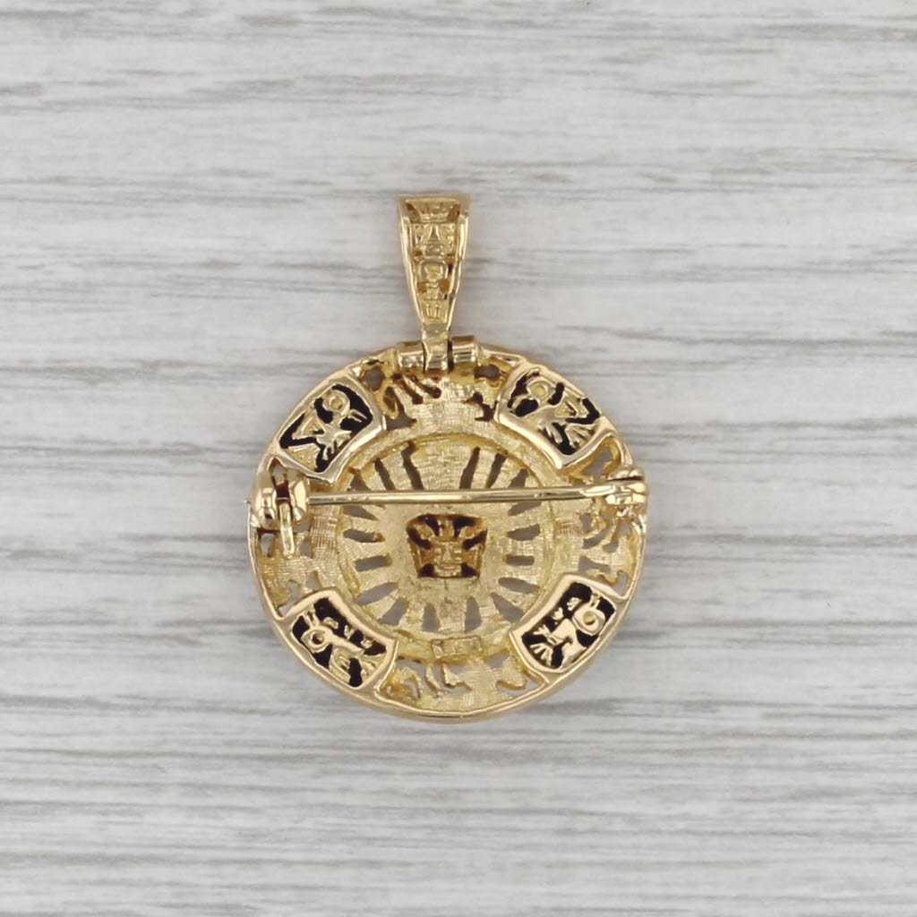 Green Malachite Aztec Sun Pendant Brooch 18k Yellow Gold Tribal